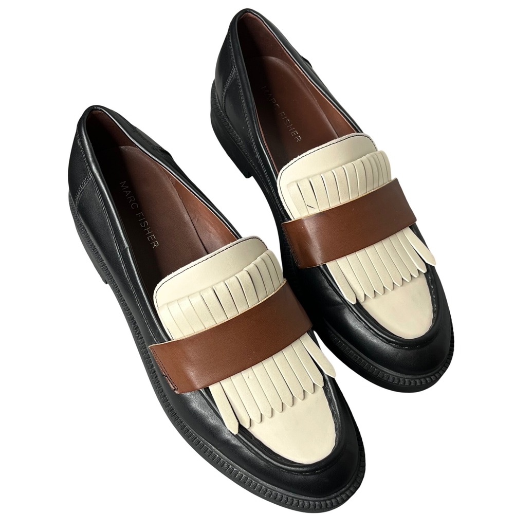 Marc Fisher Calixy Tri Color Kiltie Loafers Size 8M Black‎ Cream Brown Preppy